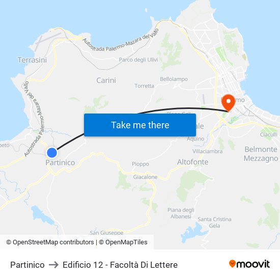 Partinico to Edificio 12 - Facoltà Di Lettere map