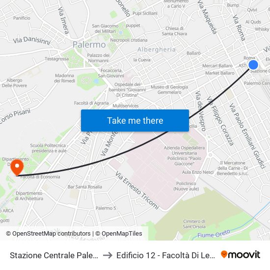 Stazione Centrale Palermo to Edificio 12 - Facoltà Di Lettere map