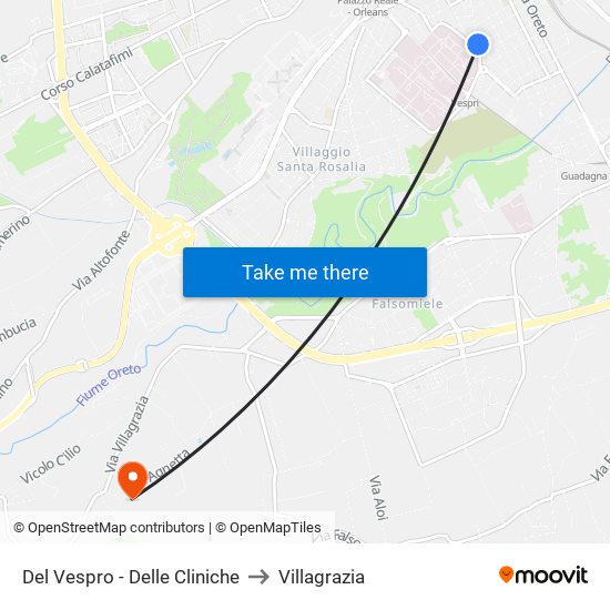 Del Vespro - Delle Cliniche to Villagrazia map