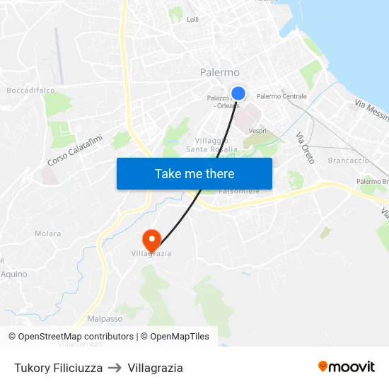Tukory Filiciuzza to Villagrazia map