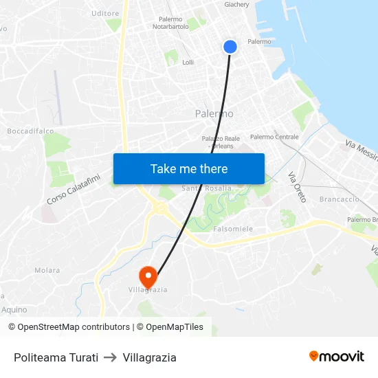 Politeama Turati to Villagrazia map