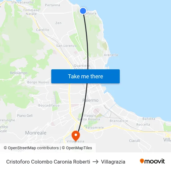 Cristoforo Colombo Caronia Roberti to Villagrazia map