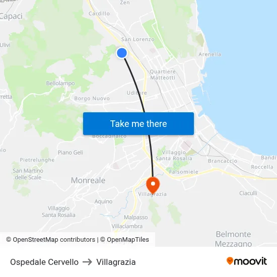 Cervello Hospital to Villagrazia map