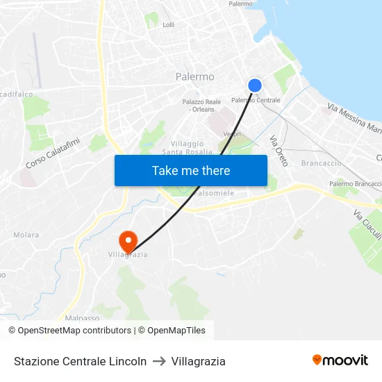 Stazione Centrale Lincoln to Villagrazia map