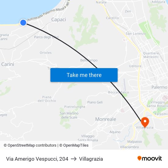 Via Amerigo Vespucci, 204 to Villagrazia map