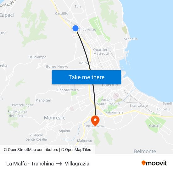 La Malfa - Tranchina to Villagrazia map