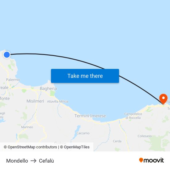 Mondello to Cefalù map