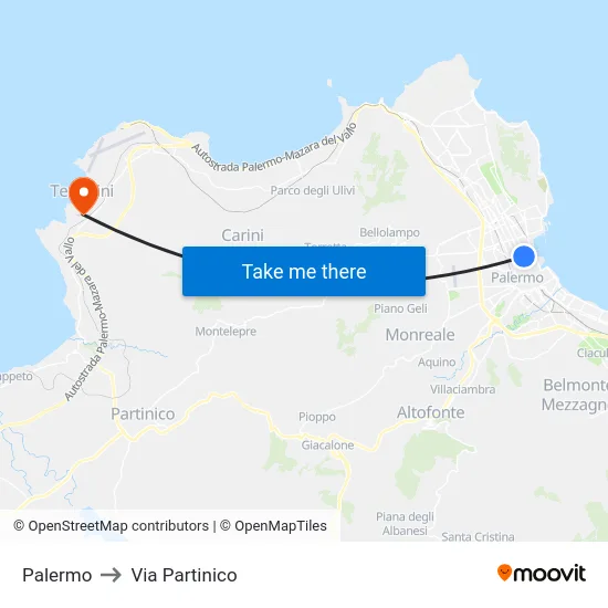 Palermo to Via Partinico map