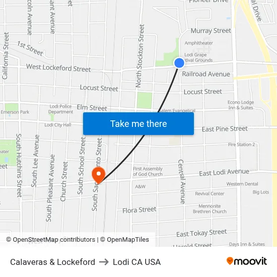 Calaveras & Lockeford to Lodi CA USA map