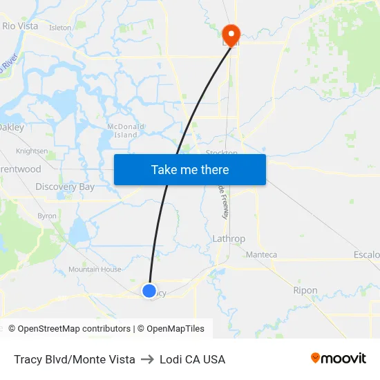 Tracy Blvd/Monte Vista to Lodi CA USA map