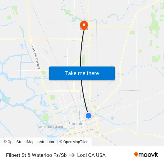 Filbert St & Waterloo Fs/Sb to Lodi CA USA map