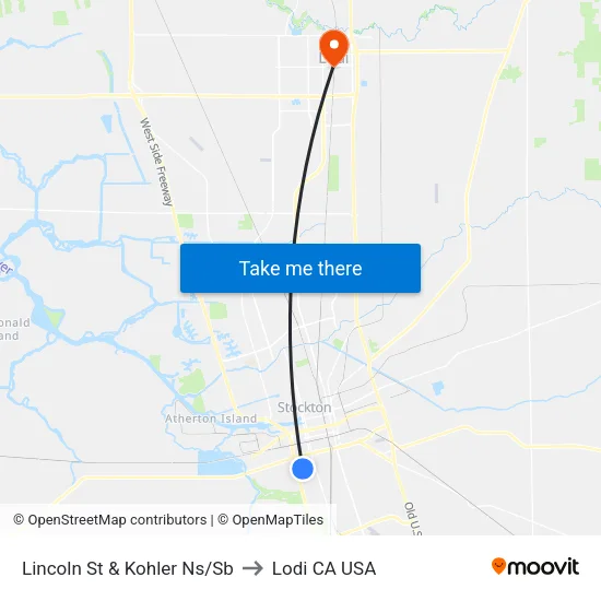 Lincoln St & Kohler Ns/Sb to Lodi CA USA map