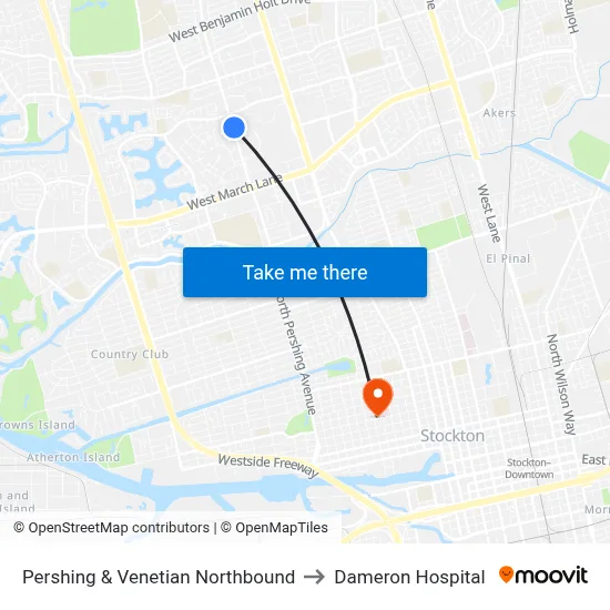 Pershing & Venetian Northbound to Dameron Hospital map