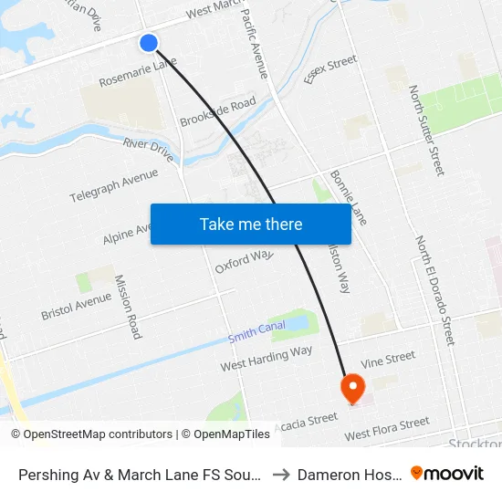 Pershing Av & March Lane FS Southbound to Dameron Hospital map