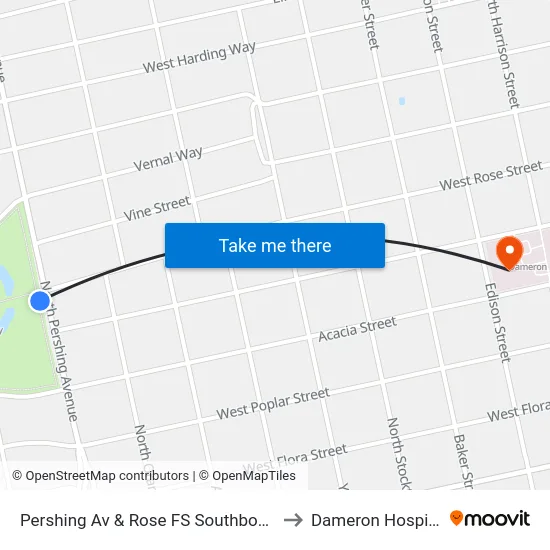Pershing Av & Rose FS Southbound to Dameron Hospital map