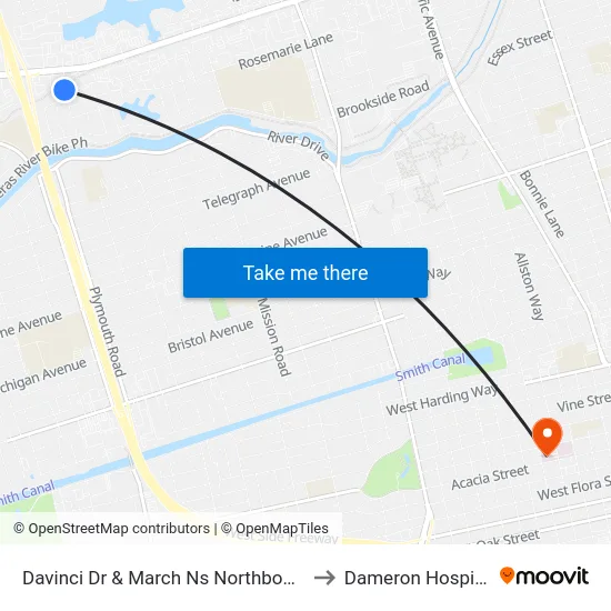 Davinci Dr & March Ns Northbound to Dameron Hospital map