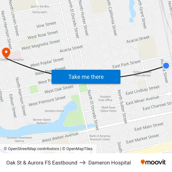 Oak St & Aurora FS Eastbound to Dameron Hospital map