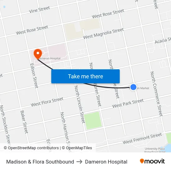 Madison & Flora Southbound to Dameron Hospital map