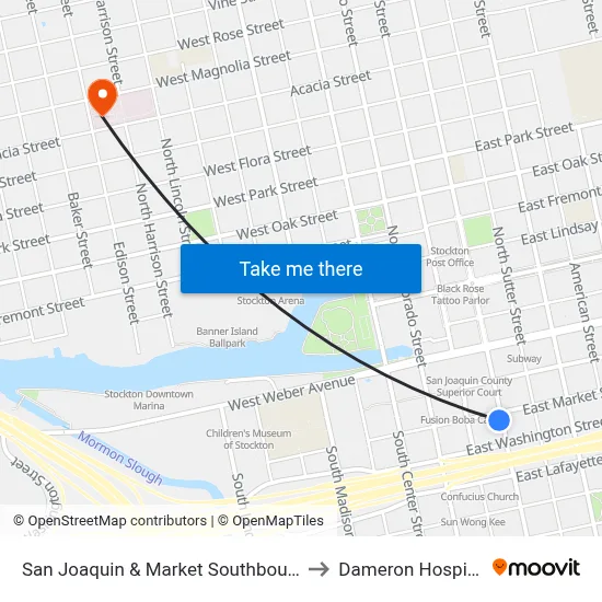San Joaquin & Market Southbound to Dameron Hospital map
