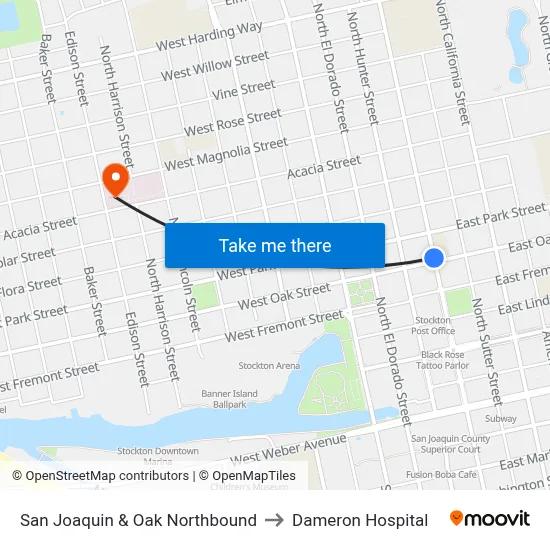 San Joaquin & Oak Northbound to Dameron Hospital map