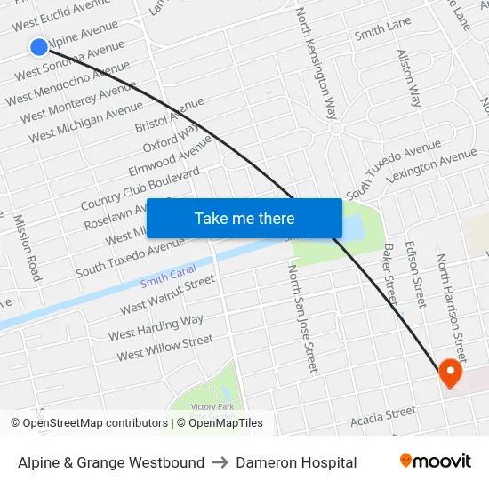 Alpine & Grange Westbound to Dameron Hospital map