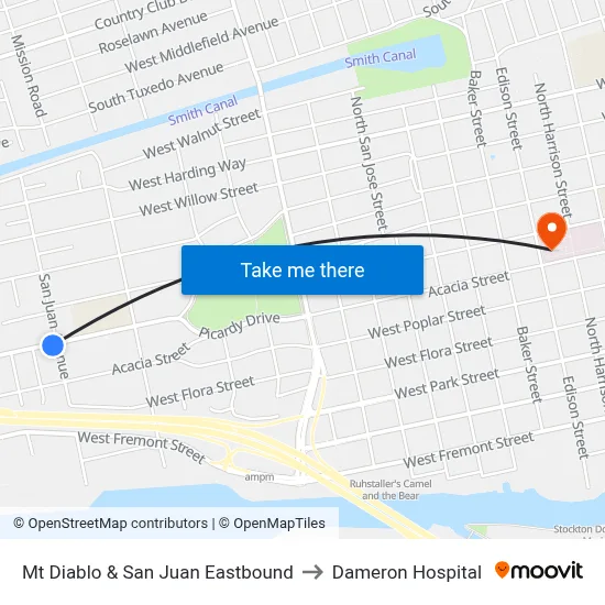 Mt Diablo & San Juan Eastbound to Dameron Hospital map