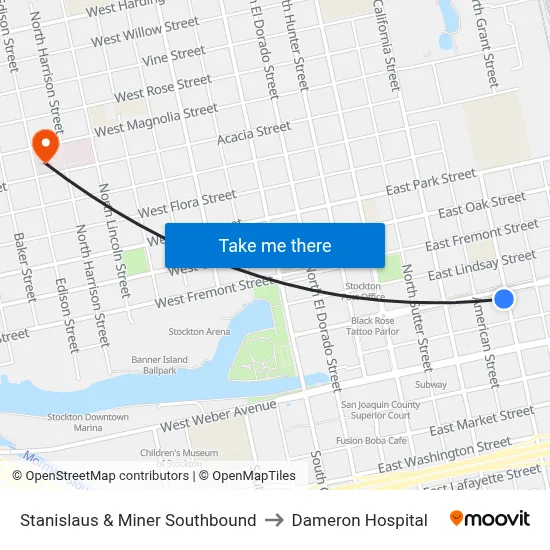 Stanislaus & Miner Southbound to Dameron Hospital map