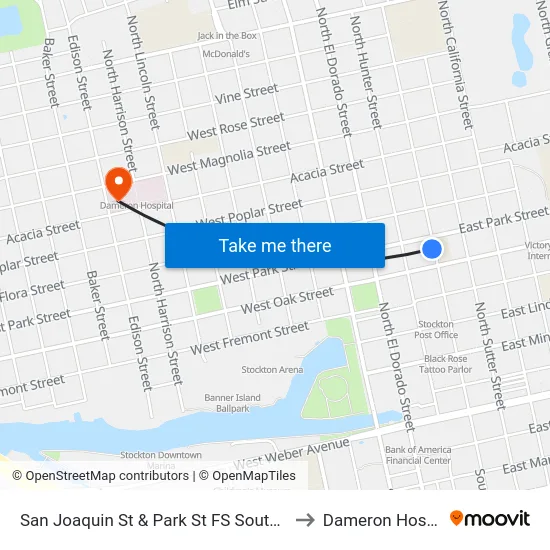 San Joaquin St & Park St FS Southbound to Dameron Hospital map