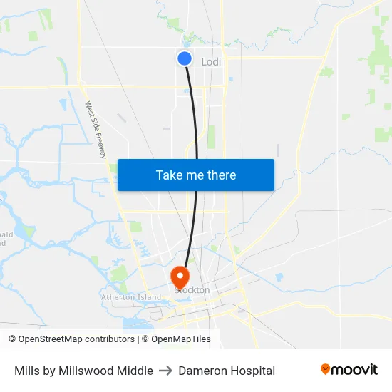 Mills by Millswood Middle to Dameron Hospital map