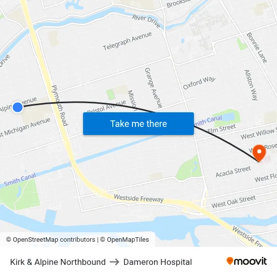 Kirk & Alpine Northbound to Dameron Hospital map