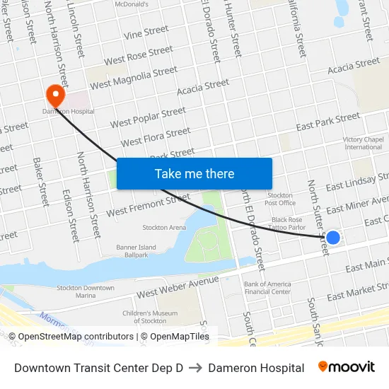 Downtown Transit Center Dep D to Dameron Hospital map