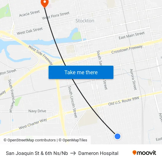 San Joaquin St & 6th Ns/Nb to Dameron Hospital map