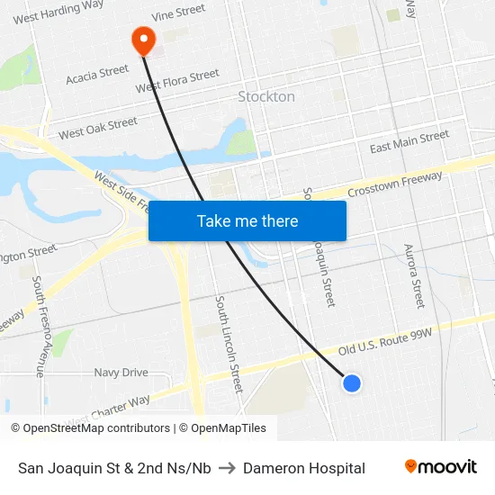 San Joaquin St & 2nd Ns/Nb to Dameron Hospital map