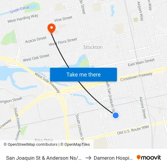 San Joaquin St & Anderson Ns/Nb to Dameron Hospital map