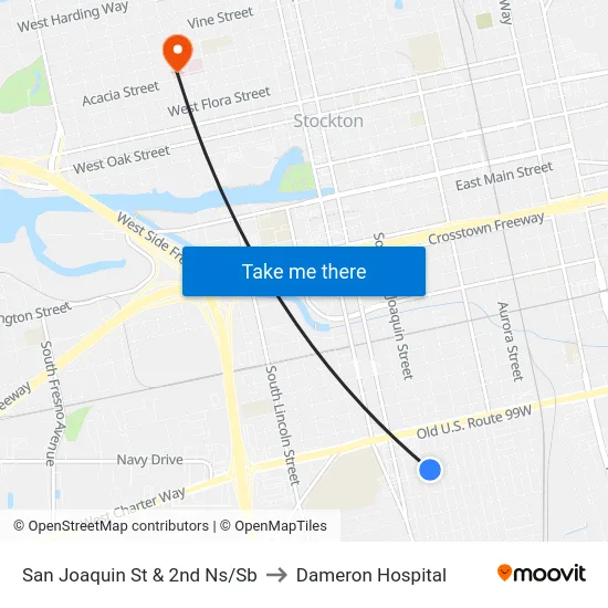 San Joaquin St & 2nd Ns/Sb to Dameron Hospital map