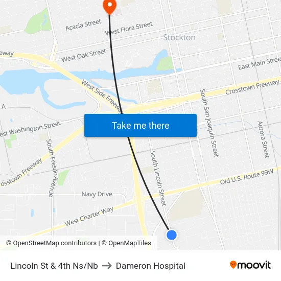 Lincoln St & 4th Ns/Nb to Dameron Hospital map