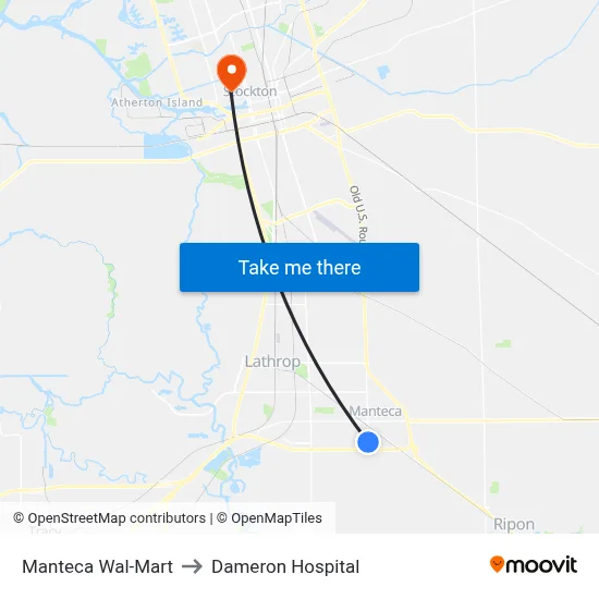 Manteca Wal-Mart to Dameron Hospital map