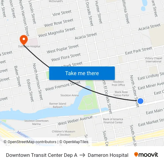 Downtown Transit Center Dep A to Dameron Hospital map
