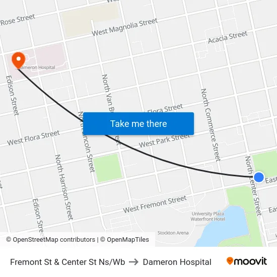 Fremont St & Center St Ns/Wb to Dameron Hospital map