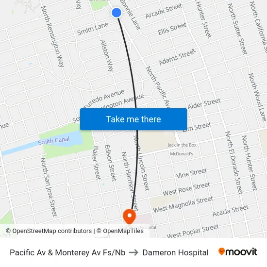 Pacific Av & Monterey Av Fs/Nb to Dameron Hospital map