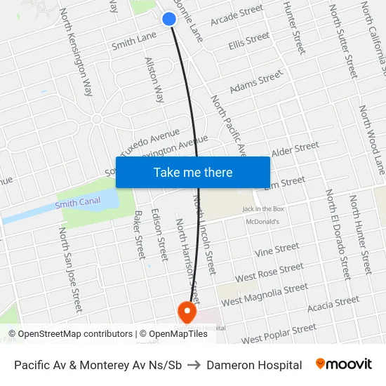 Pacific Av & Monterey Av Ns/Sb to Dameron Hospital map