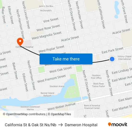 California St & Oak St Ns/Nb to Dameron Hospital map