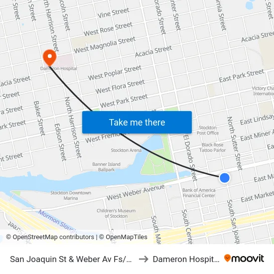 San Joaquin St & Weber Av Fs/Sb to Dameron Hospital map