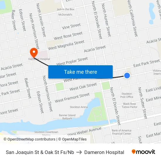 San Joaquin St & Oak St Fs/Nb to Dameron Hospital map