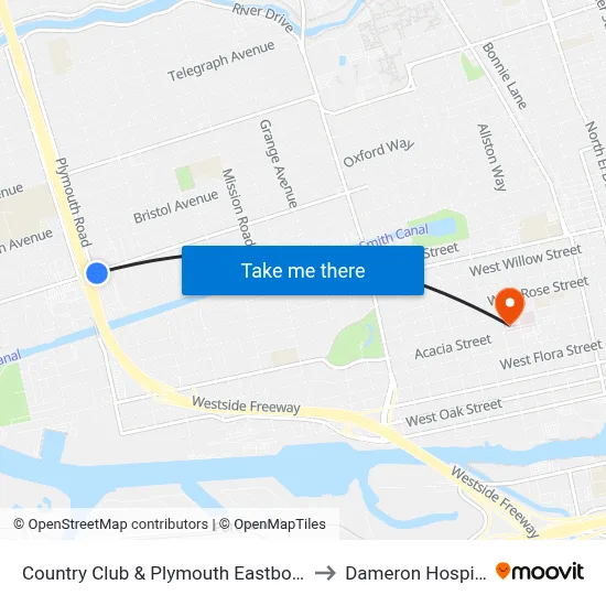 Country Club & Plymouth Eastbound to Dameron Hospital map