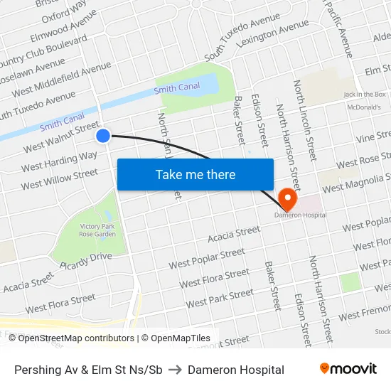Pershing Av & Elm St Ns/Sb to Dameron Hospital map