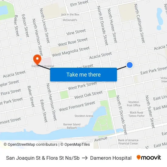 San Joaquin St & Flora St Ns/Sb to Dameron Hospital map