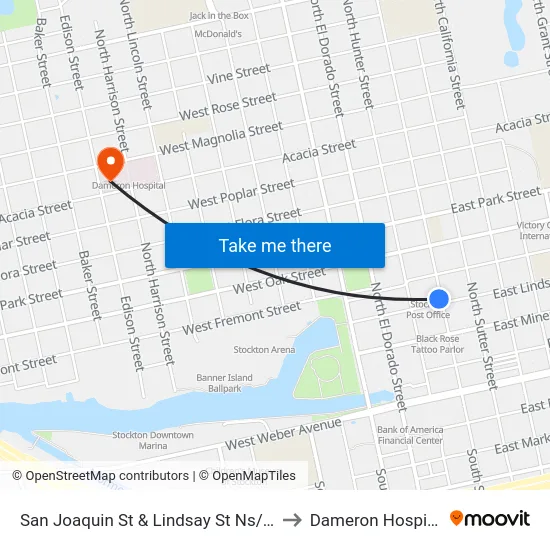 San Joaquin St & Lindsay St Ns/Sb to Dameron Hospital map