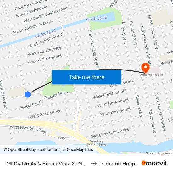 Mt Diablo Av & Buena Vista St Ns/Wb to Dameron Hospital map
