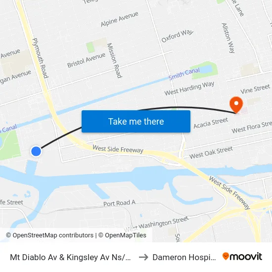 Mt Diablo Av & Kingsley Av Ns/Wb to Dameron Hospital map